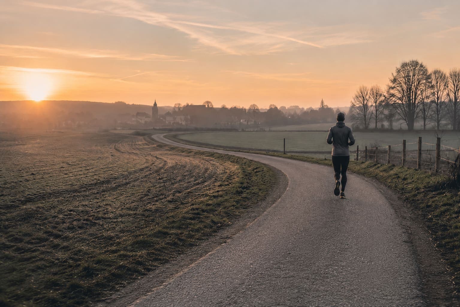 Een loper op een landweg bij zonsopgang, op weg naar een dorp in de verte.